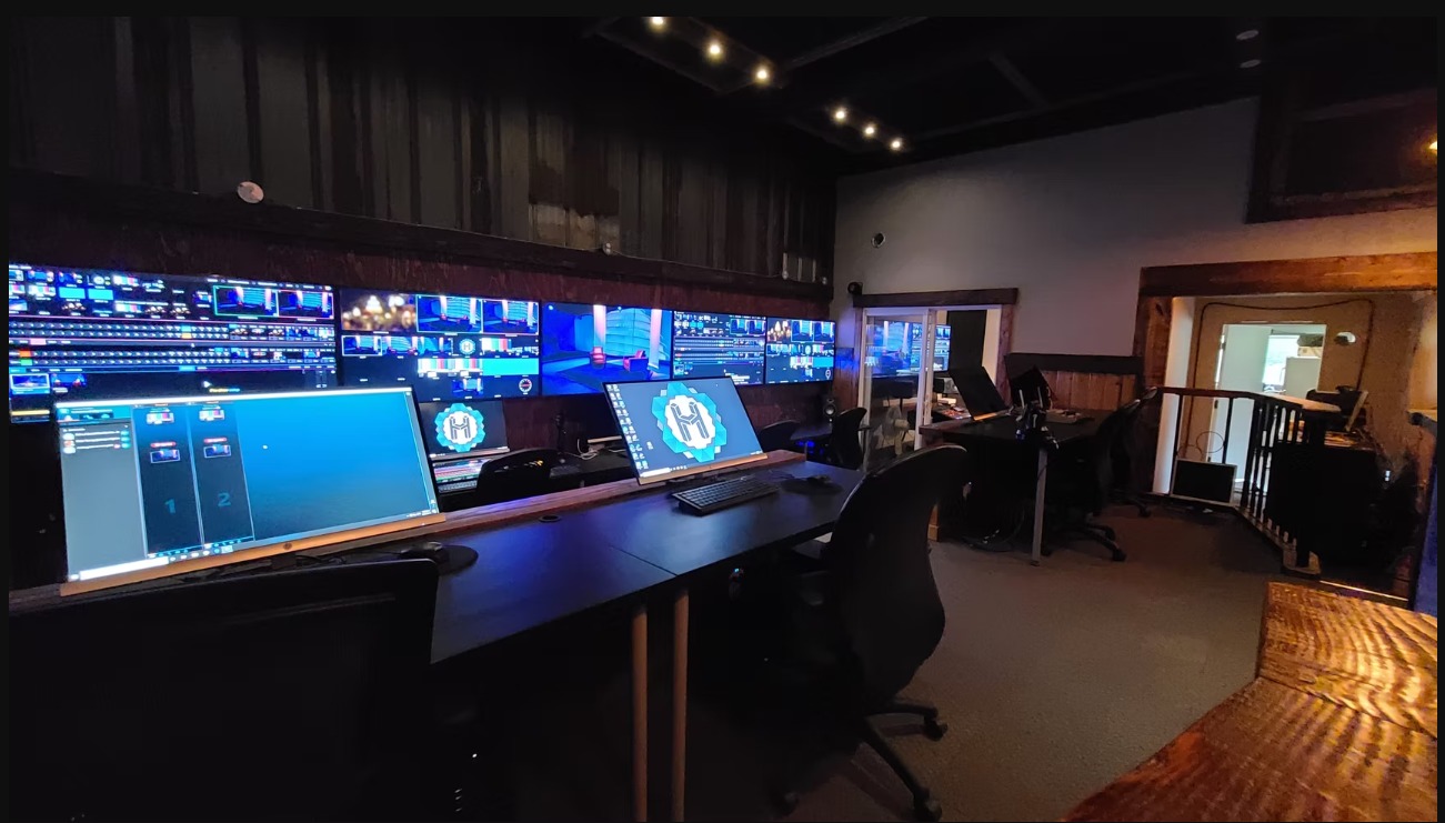 Multi-screen broadcast control room in Vancouver operated by Hubcast Media
